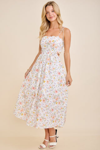 Scallop Edge Tie Shoulder Midi Dress