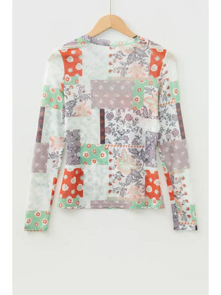 Floral Patchwork Mesh Mock Neck LS Top