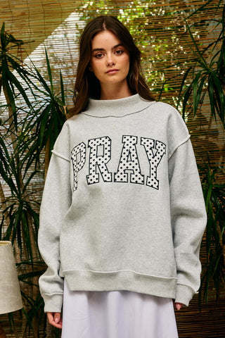 Polka-dot Embr "Pray" Mock Neck Sweatshirt