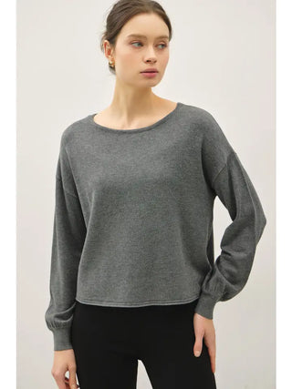 Fine Knit Boat Neck Balloon Sleeve Sweater Top