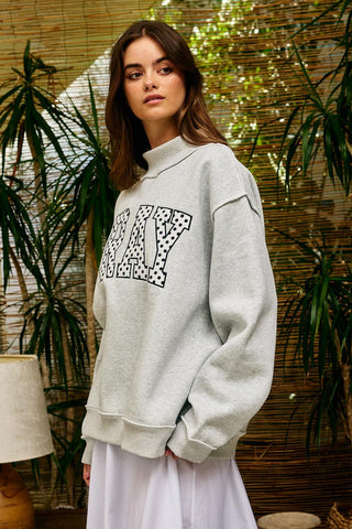 Polka-dot Embr "Pray" Mock Neck Sweatshirt