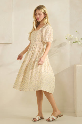 Ditzy Print Smocking Detail Midi Dress