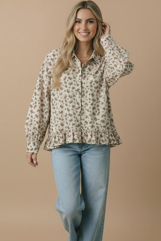 Collared Floral Peplum Hem Babydoll Shirt