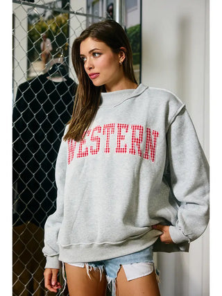 Embroidered "Western" Mock Neck Sweatshirt