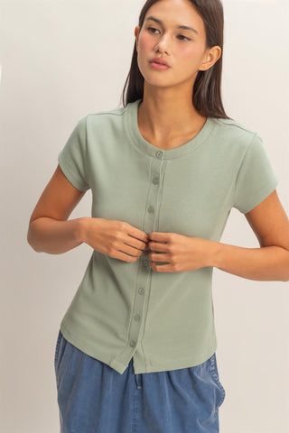 Ribbed Button-front Crew Neck Top