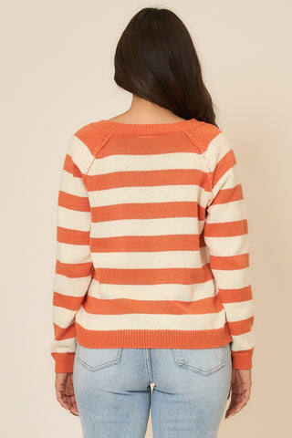 Deep Notch Neck Stripe Knit Sweater