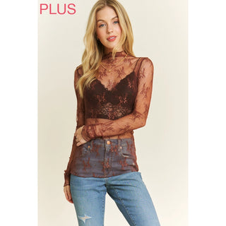 Curvy Mesh Lace High Neck LS Top