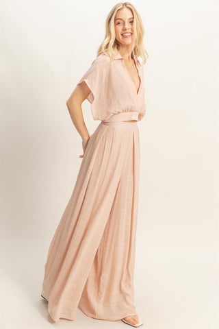 Collared Wrap Top & Wide-leg Pants Set