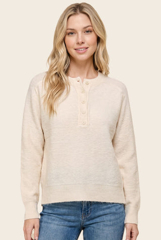 Half Button Fuzzy Crew Neck Sweater