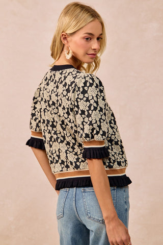 Rose Knit Top Contrast Banded Sleeve