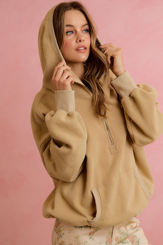 Stitch Detail Elastic Hem Half Zip Fleece Hoodie