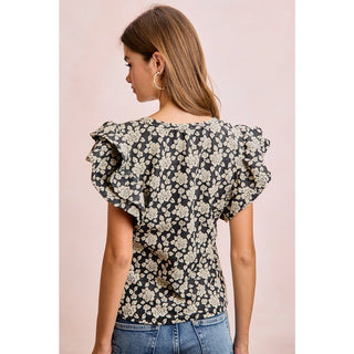 Floral Jacquard Ruffle Sleeve Knit Top