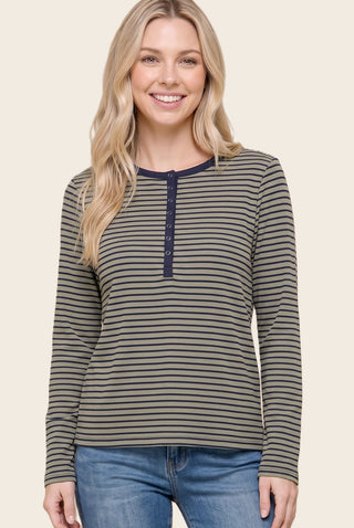 Snap Half Button Striped Ribbed Top