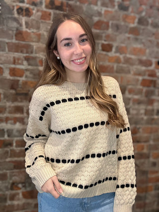 Curvy Spot Stripe Balloon Sleeve Knit Sweater