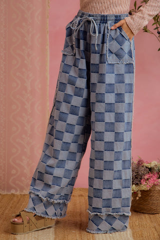 Checker Print Frayed Edge Wide Leg Jeans