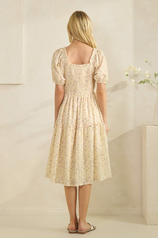 Ditzy Print Smocking Detail Midi Dress