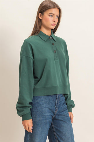 Washed Button-Front Collared Sweatshirt