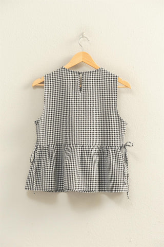 Gingham Sleeveless Peplum Top W/Side Ties