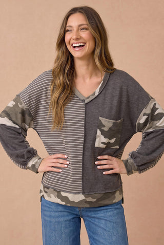 Curvy Trail Mix V-Neck LS Top