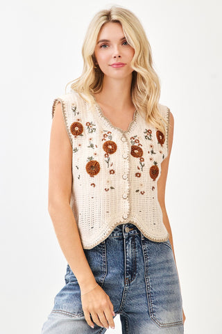 Floral Embroidery Vest Crochet Top