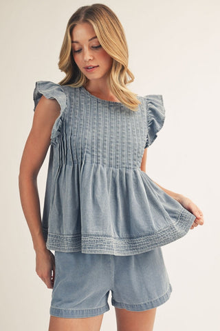 Front Pleat Detail Denim Top