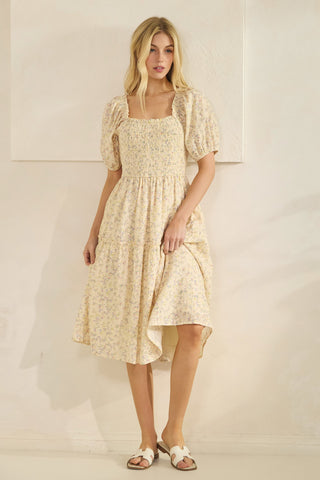 Ditzy Print Smocking Detail Midi Dress