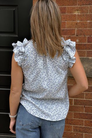 Abstract V-Neck Ruffle Cap Sleeve Blouse