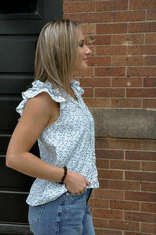 Abstract V-Neck Ruffle Cap Sleeve Blouse