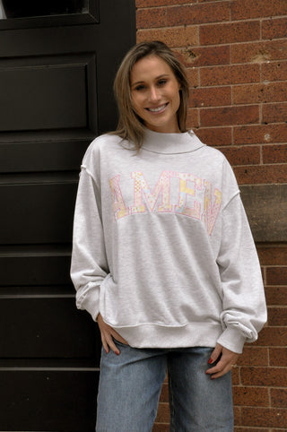 Embroidered "Amen" Patchwork Mock Neck Sweatshirt