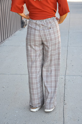 Antique Brown Plaid Pleated Straight Leg Pants