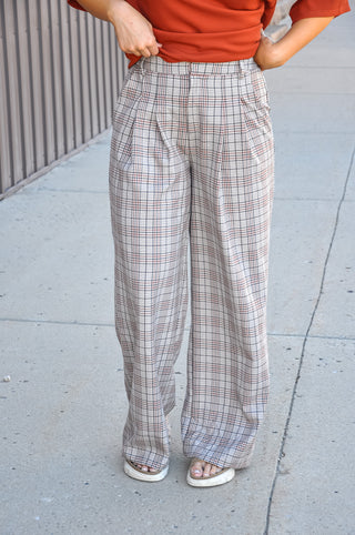 Antique Brown Plaid Pleated Straight Leg Pants