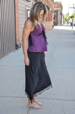 Asymmetrical Lace Trim Satin Skirt