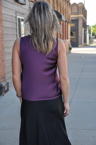 Deep Fig Satin Lace Trim Tie Front Top