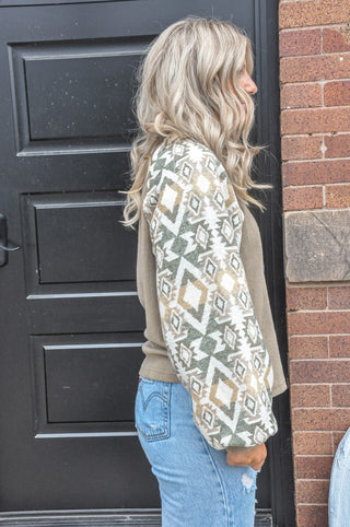 Aztec Printed Sleeve Cozy Knit Top