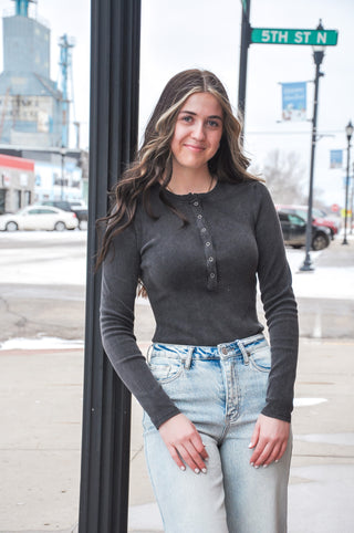 Basic Washed Black Henley Bodysuit