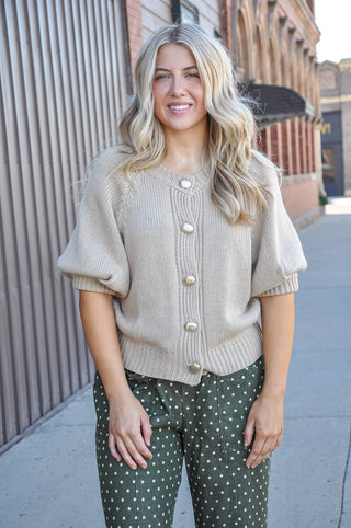 Beige Crew Neck Puff Sleeve Cardigan