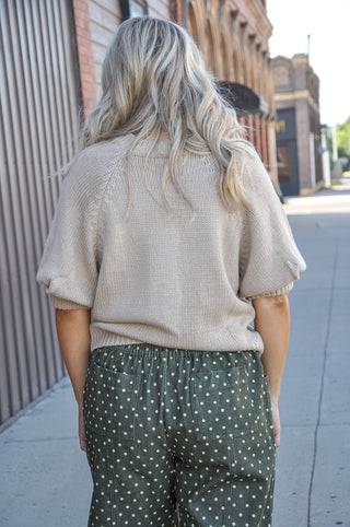 Beige Crew Neck Puff Sleeve Cardigan