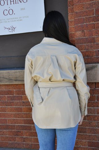 Belted Button Up Faux Leather Jacket