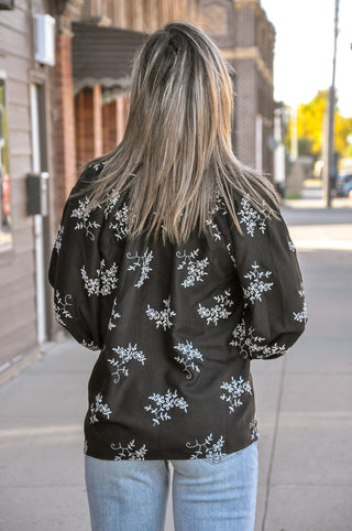 Black Embroidered Floral V-Neck Contrast Piping Blouse, view 3 | JQ Clothing Co.