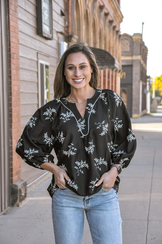 Black Embroidered Floral V-Neck Contrast Piping Blouse | JQ Clothing Co.