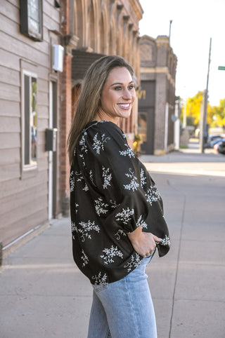 Black Embroidered Floral V-Neck Contrast Piping Blouse, view 2 | JQ Clothing Co.