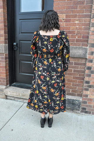 Black Floral Smocked Waist Dress