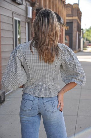Black Gingham Ruffle Peplum Blouse