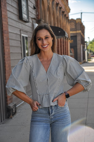 Black Gingham Ruffle Peplum Blouse