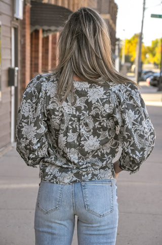 Black Paisley Floral V-Neck Gathered Cuff Blouse