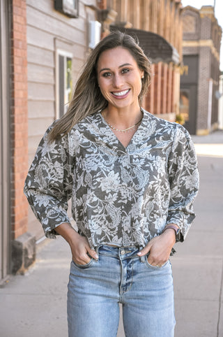 Black Paisley Floral V-Neck Gathered Cuff Blouse