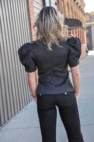 Black Pleated Front Puff Sleeve Woven Top