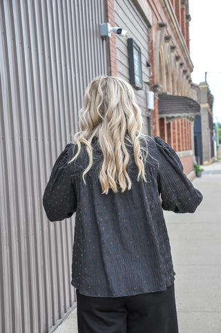 Black Polka Dot Smocked Puff Sleeve Mock Neck Blouse