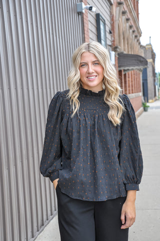 Black Polka Dot Smocked Puff Sleeve Mock Neck Blouse