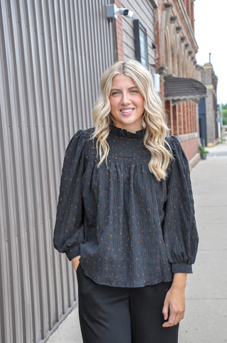 Black Polka Dot Smocked Puff Sleeve Mock Neck Blouse